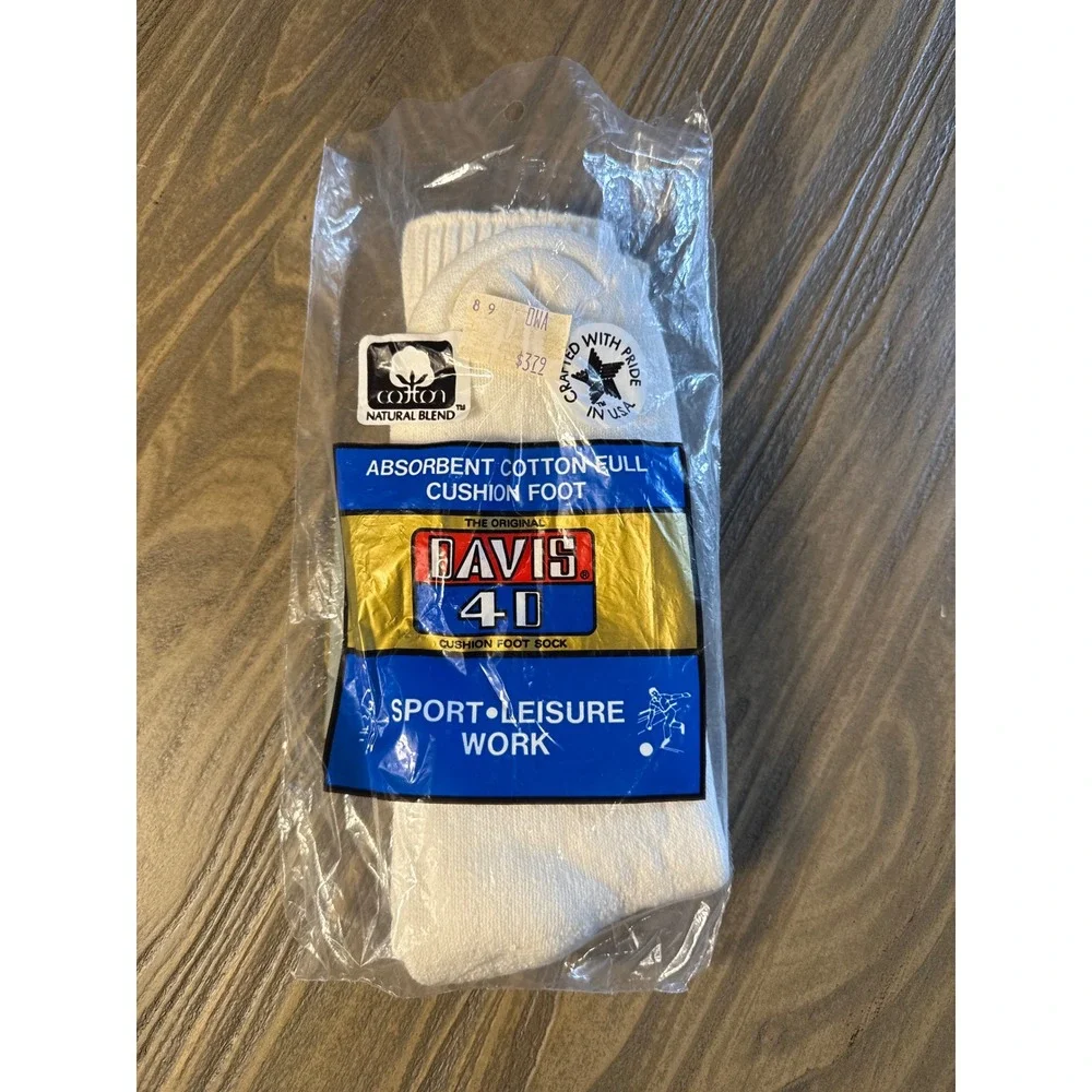 Vintage NOS Davis 4D Crew Socks Mens White Sport Work Cushion Made in USA 1 Pair